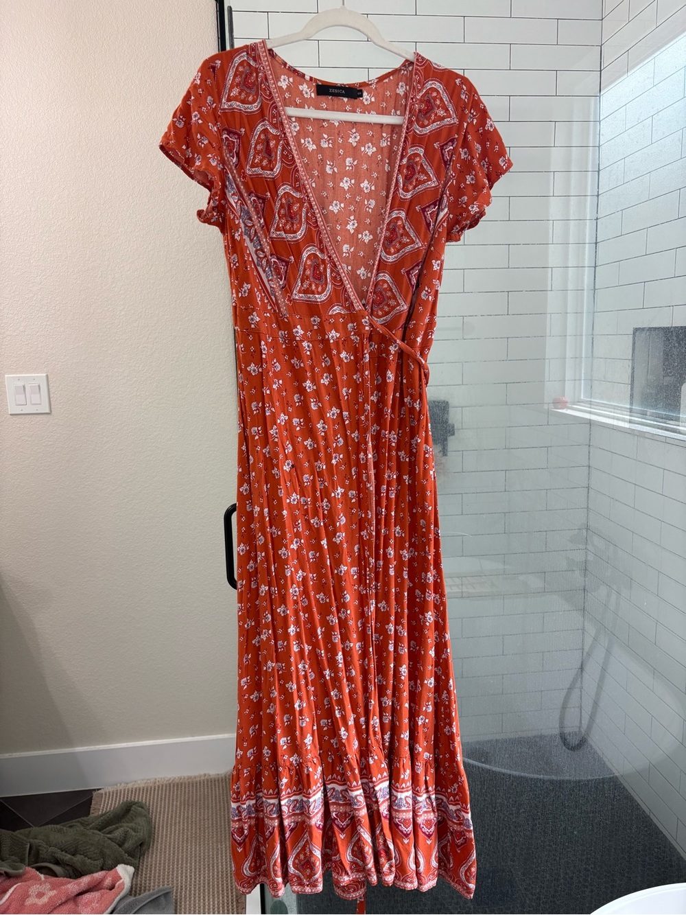 Bohemian Rust Red Wrap Maxi Dress with Floral Bandana Print